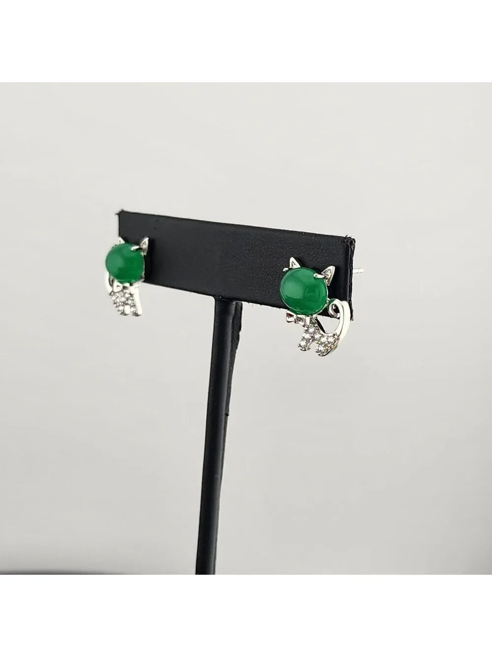Whimsical Cat Earrings in Brass with Jade Highlights